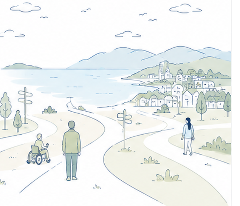 海辺の町へ続く分かれ道を歩く人々のイラスト