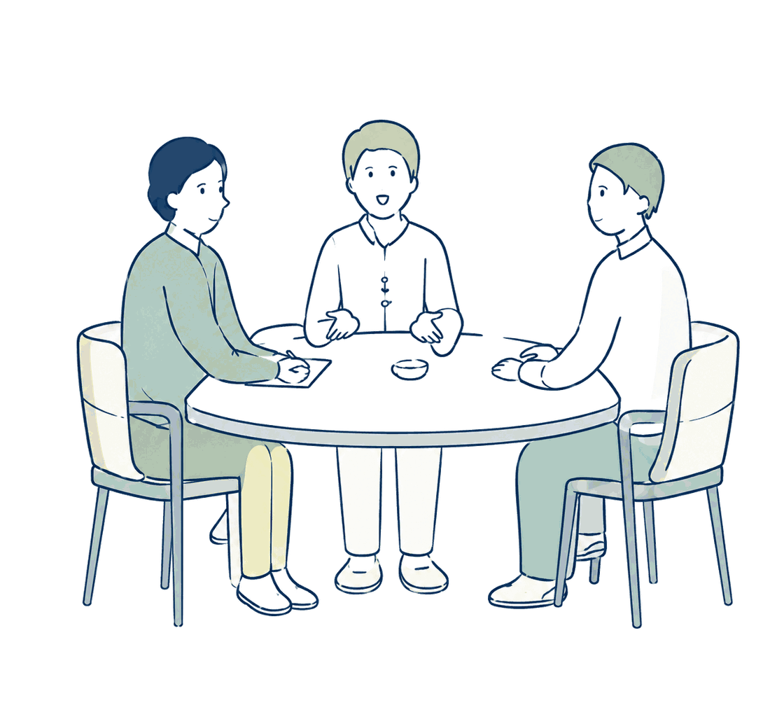 テーブルを囲んで相談する3人のイラスト